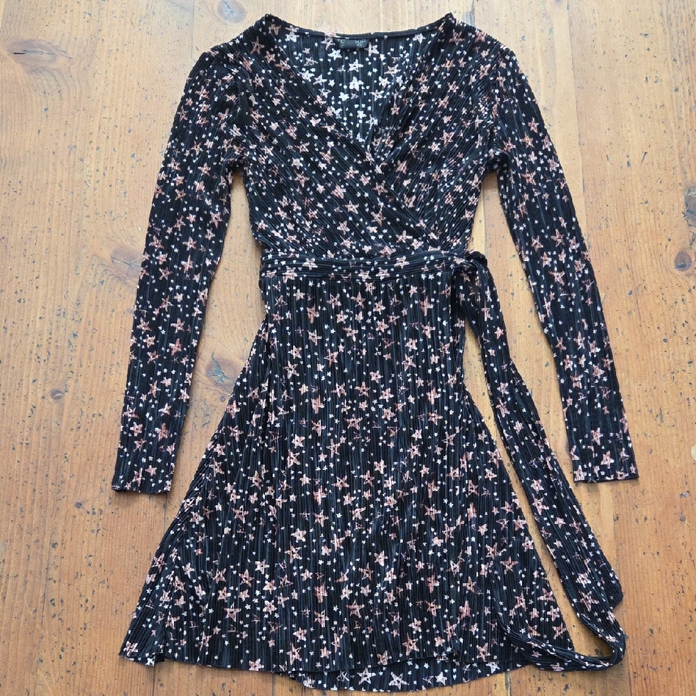 Topshop Black and Pink Star Long Sleeve Wrap Dress